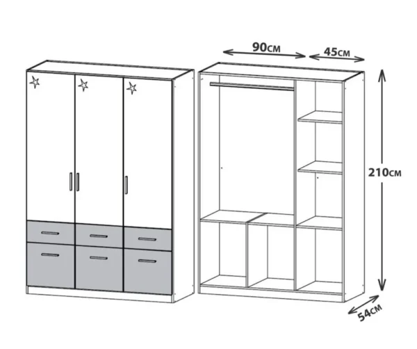 Konoha Modern Storage Wardrobe with 3 Doors and 6 Drawers – Natural Sonoma Oak with Soft Grey Front