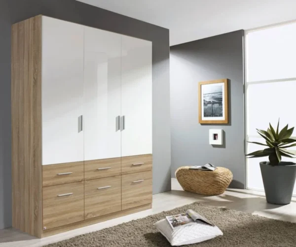 Konoha Modern Storage Wardrobe with 3 Doors and 6 Drawers – Natural Sonoma Oak with Soft Grey Front